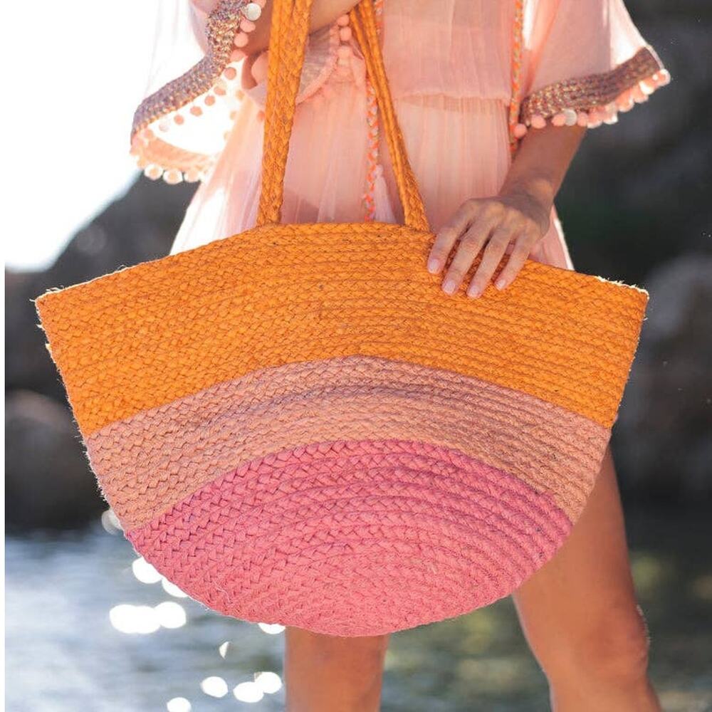 Shiraleah Colorblock Jute Resort Tote Pink Orange Beach Bag